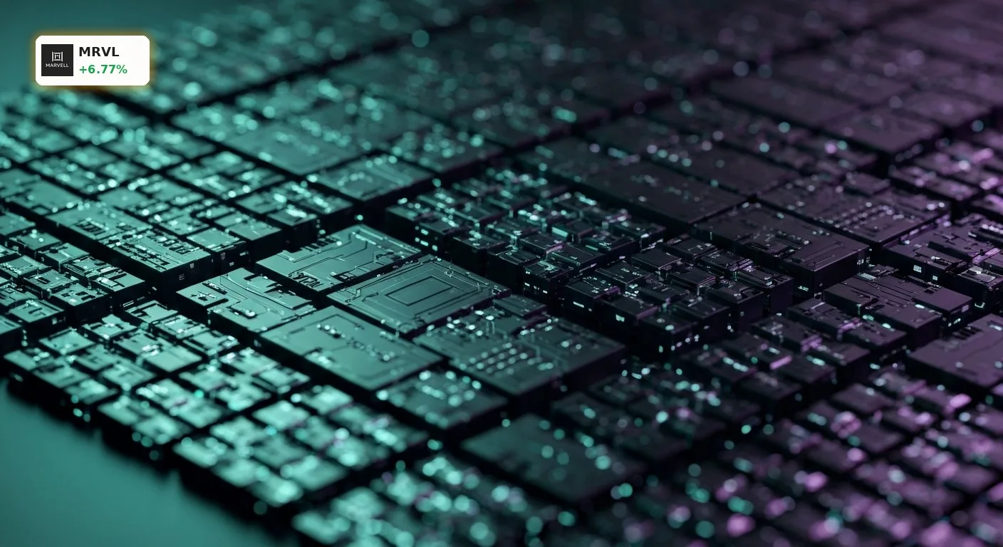 Nahaufnahme eines fortschrittlichen Silizium-Wafers mit komplexen Schaltungen, der Marvell Technologie für KI-Anwendungen darstellt.