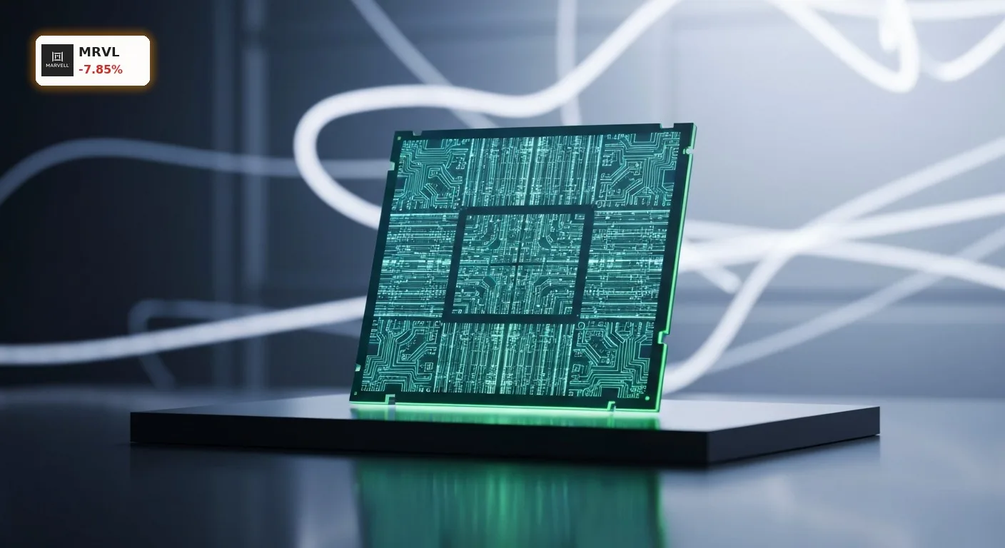 Marvell Technology Kurs bricht 8% ein: Chip-Aktie vor Quartalszahlen unter Druck 4 Nahaufnahme eines futuristischen, leuchtenden Mikrochips von Marvell Technology auf dunklem, reflektierendem Untergrund, der den Marvell Technology Kurs und technologische Innovation symbolisiert.