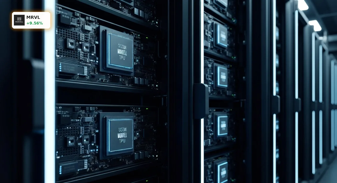 Nahaufnahme von Server-Racks mit integrierten Marvell AI-Beschleunigern und Google TPU-Chips, die die Marvell Google Partnerschaft symbolisieren.