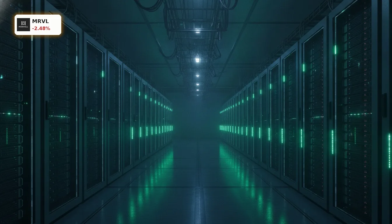 Marvell Technology Quartalszahlen -2.5%: Google-Deal enttäuscht Anleger 3 Serverreihen in einem modernen Rechenzentrum, symbolisierend das Kerngeschäft von Marvell Technology und die Quartalszahlen.