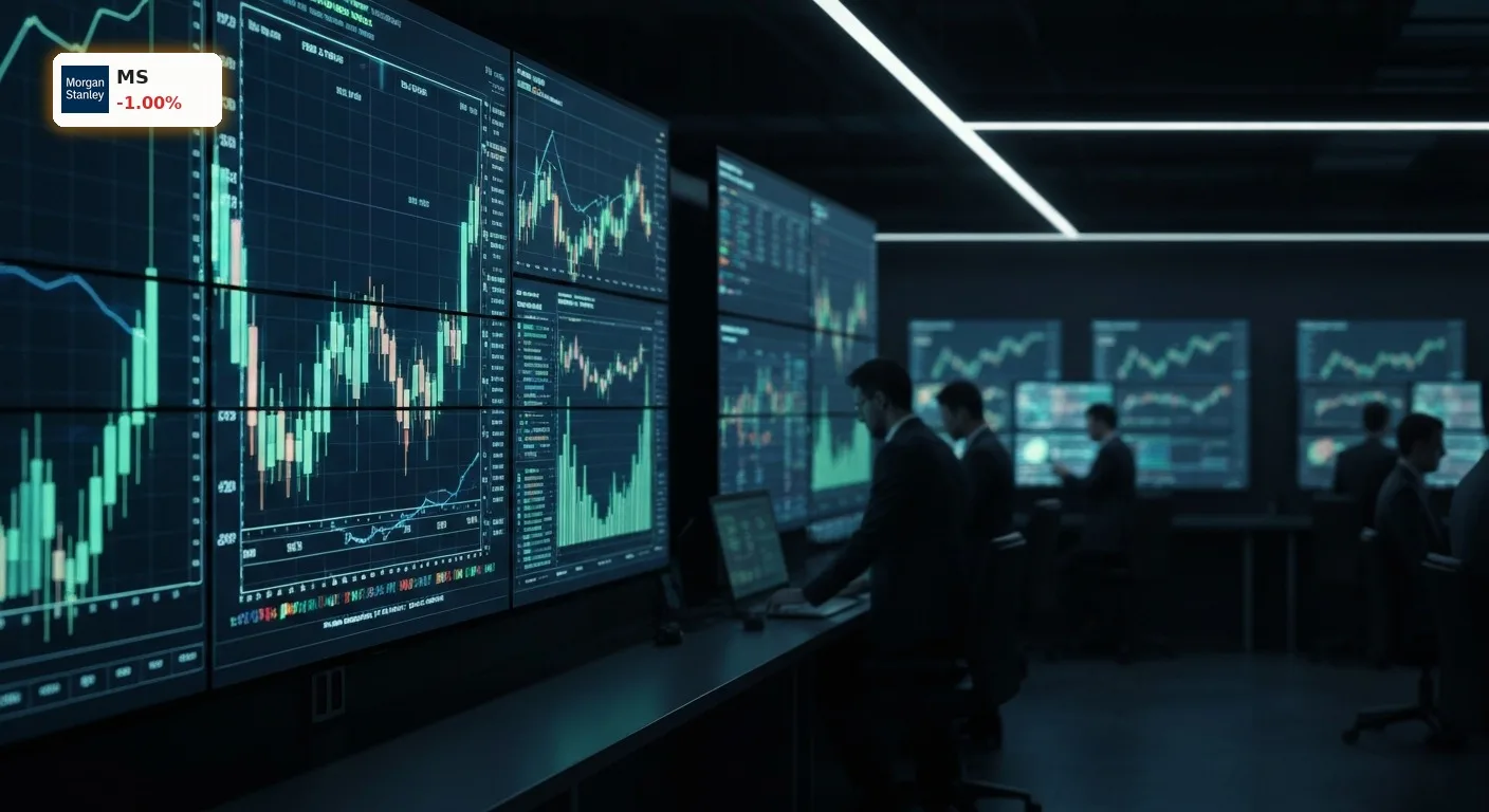 Futuristischer Krypto-Handelssaal bei Nacht, digitale Kursdiagramme leuchten. Morgan Stanley Krypto Engagement.