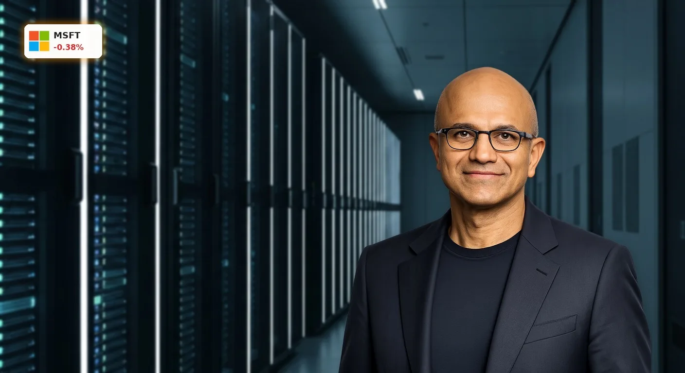 Futuristisches Rechenzentrum mit leuchtenden Server-Racks, symbolisiert den Erfolg der Microsoft Quartalszahlen durch KI und Cloud.