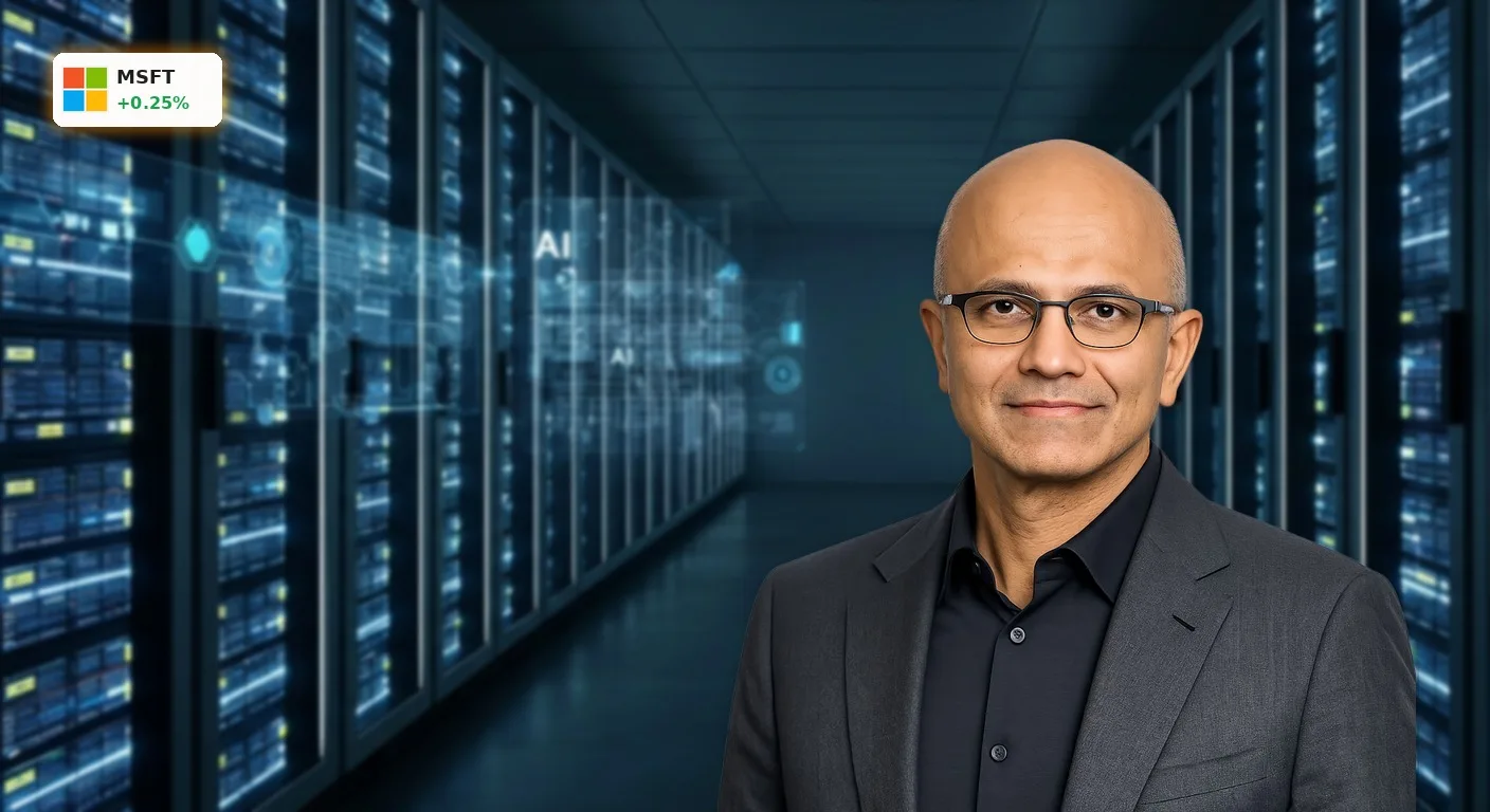 Futuristisches Rechenzentrum mit leuchtenden Server-Racks, symbolisiert Microsoft Quartal und KI-Wachstum