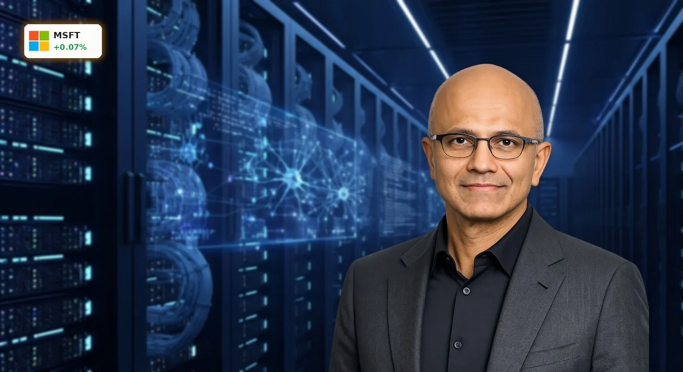 Microsoft Quartal: KI-Boom treibt Aktie auf Rekordjagd 4 Futuristisches Rechenzentrum mit leuchtenden Servern und holographischen KI-Datenvisualisierungen, Microsoft Quartal.