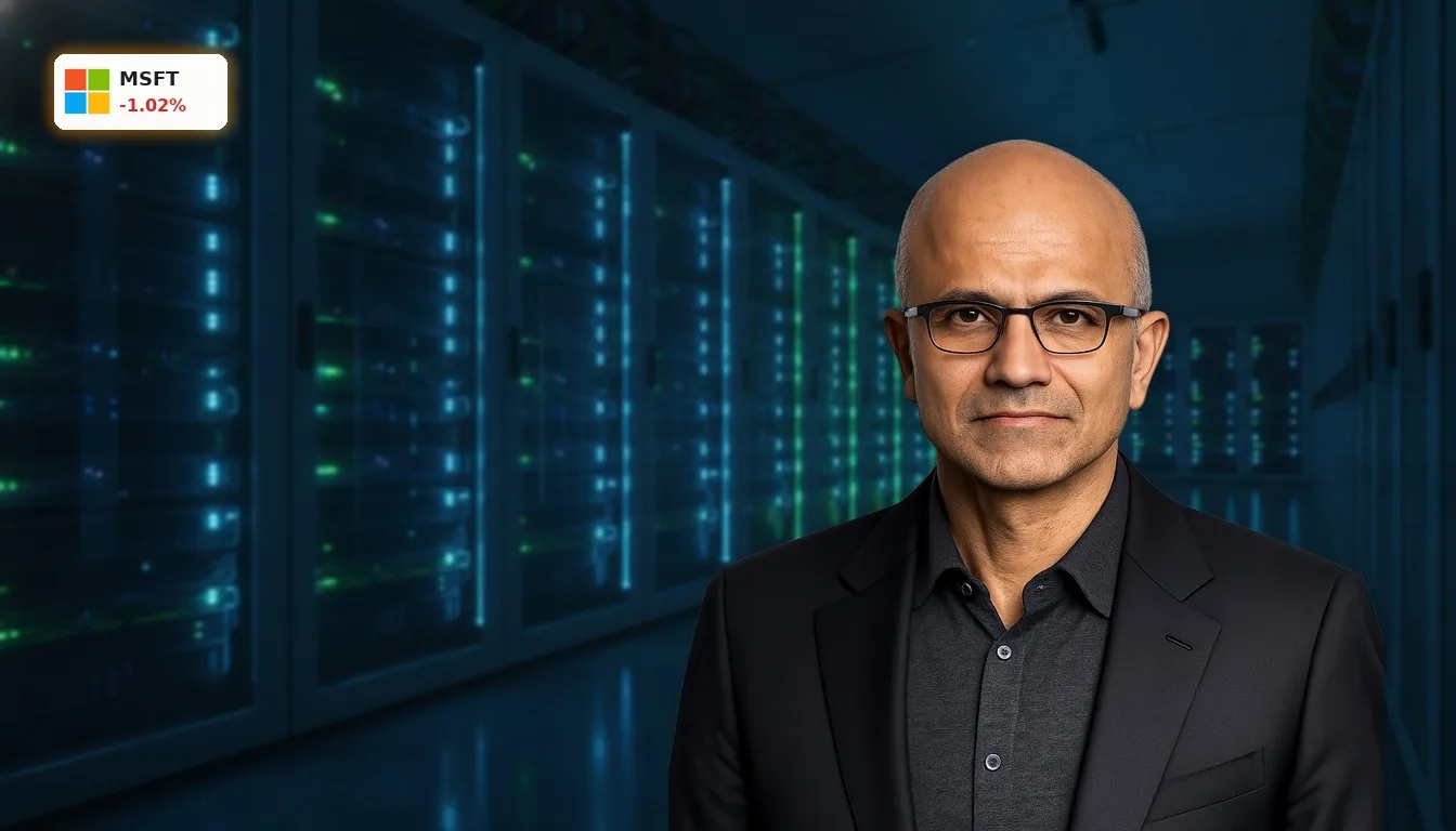 Modernes Rechenzentrum mit leuchtenden Server-Racks, symbolisiert das Wachstum von Microsoft Azure und KI-Infrastruktur.
