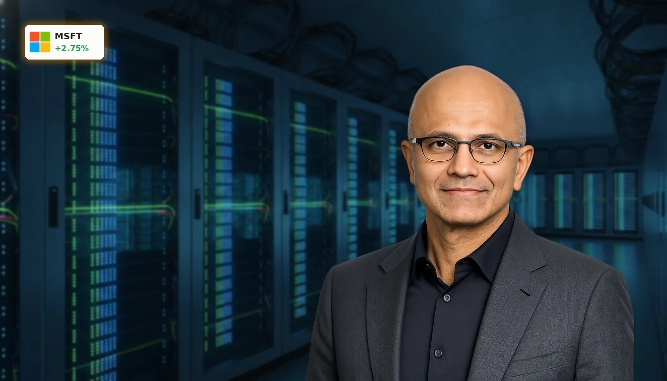 Microsoft Quartalszahlen: +2.7% Rallye dank Rekordumsatz und KI-Boom 4 Futuristisches Rechenzentrum mit leuchtenden Server-Racks, symbolisiert den KI-Boom und Microsoft Quartalszahlen.