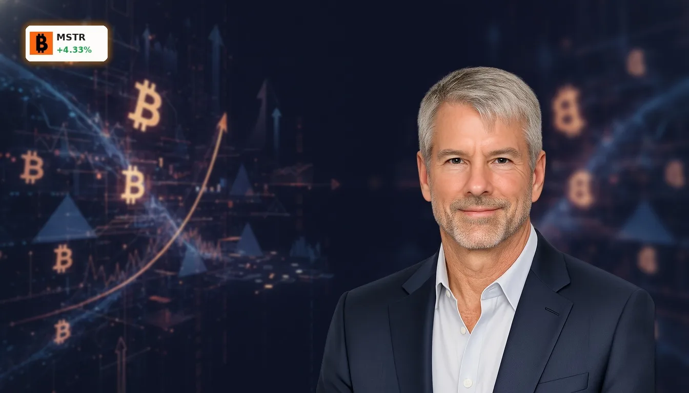 Strategy Inc Bitcoin: +4,3% dank Rallye und Finanzmanövern 2 Abstrakte Darstellung der komplexen Finanzstrategie von Strategy Inc mit Bitcoin-Symbolen in einem digitalen Netzwerk.
