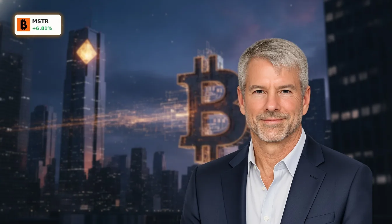 Strategy Bitcoin: +6.8% Rallye treibt MSTR-Aktie in die Gewinnzone 2 Digitales Stadtbild bei Dämmerung, ein leuchtendes Bitcoin-Symbol, das mit einem Firmengebäude verbunden ist, symbolisiert die Strategy Bitcoin Strategie.