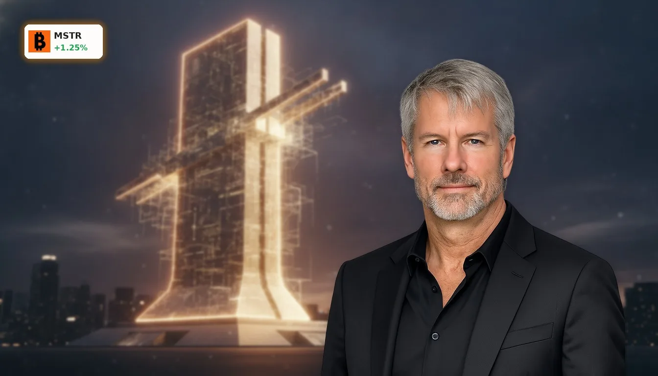 Massive, futuristische Finanzstruktur, die Stärke und Stabilität symbolisiert, vor einer dunklen Skyline. Strategy Kapitalbeschaffung.