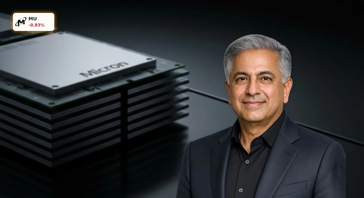 Nahaufnahme eines fortschrittlichen Micron Speicherchips (HBM-Stack) mit komplexer Schaltkreisarchitektur, symbolisierend den KI-Boom.