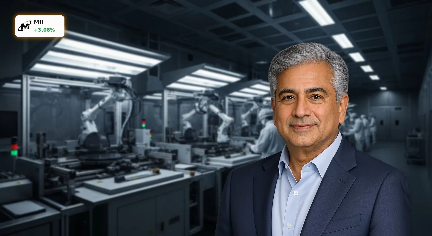 Futuristischer Reinraum für Halbleiterfertigung mit Roboterarmen, die Siliziumwafer bearbeiten, symbolisiert den Micron Speicherzyklus.