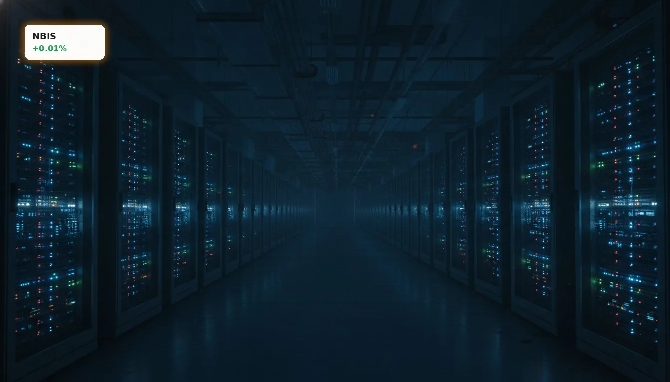 Moderne Rechenzentrumshalle mit leuchtenden Server-Racks, die die Nebius Group Finanzierung für KI-Infrastruktur symbolisiert.