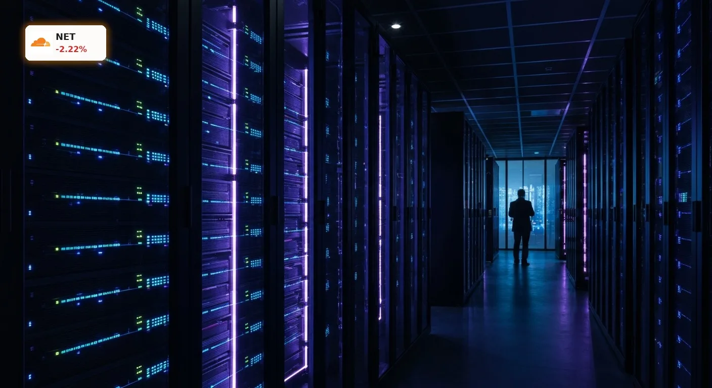 Modernes Rechenzentrum mit leuchtenden Servern symbolisiert Cloudflare Quartalszahlen und Datenfluss.
