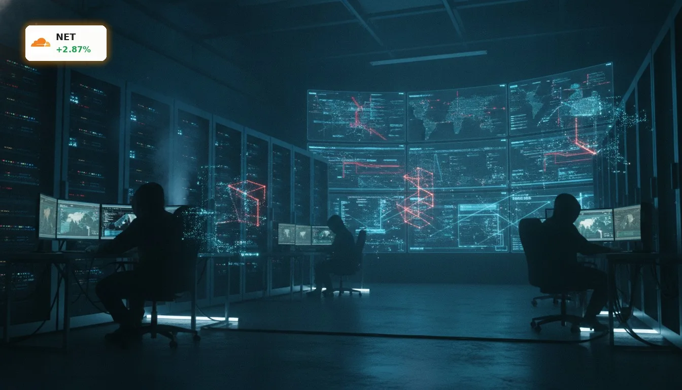 Cybersicherheits-Operationszentrum mit leuchtenden Servern und Datenvisualisierungen für Cloudflare Vergleich