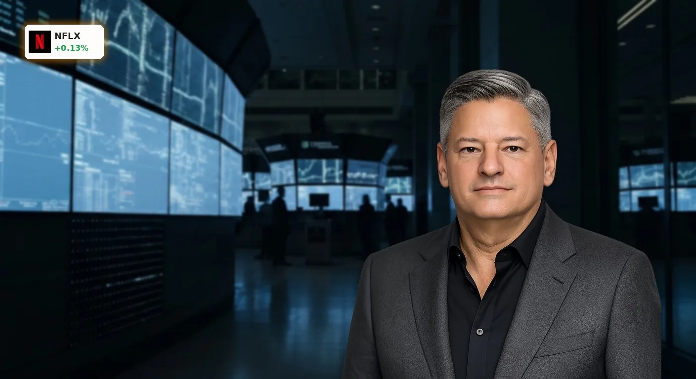Hektischer Handelssaal mit digitalen Anzeigen, der die finanzielle Dynamik nach Bill Ackmans Netflix-Investment widerspiegelt.