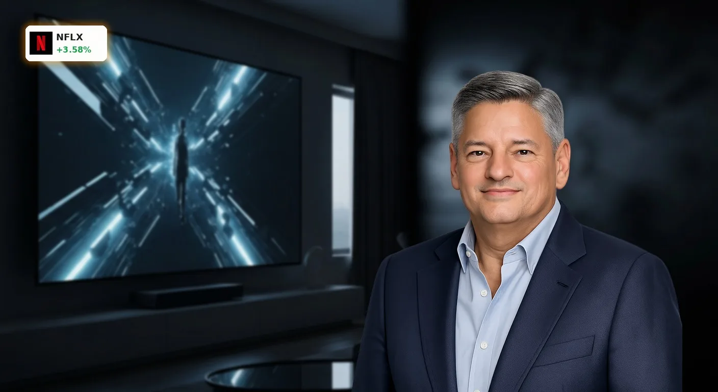 Moderner Home-Entertainment-Bereich mit großem Bildschirm, der Streaming-Inhalte zeigt, im Kontext von Netflix Pershing Square.