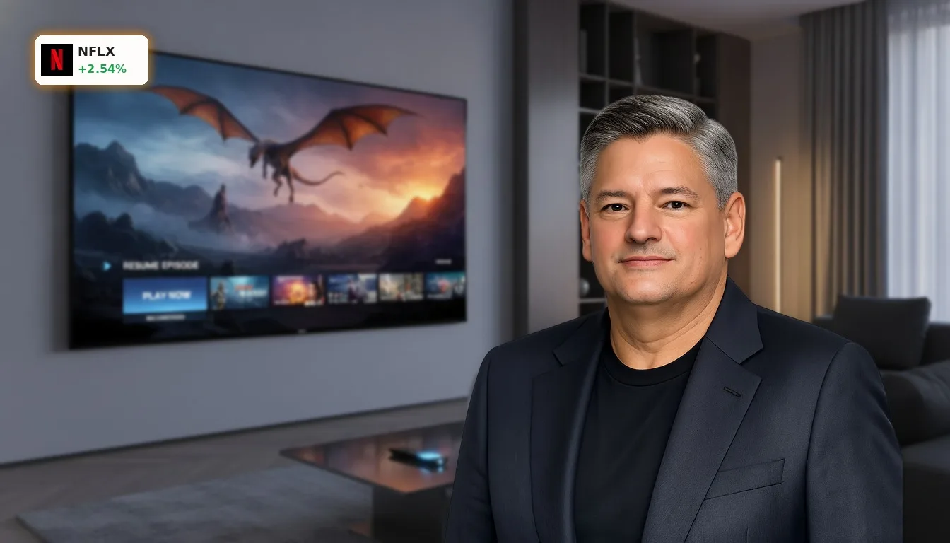 Modernes Wohnzimmer mit großem Fernseher, der eine Streaming-Oberfläche anzeigt. Netflix Kursziel im Fokus.