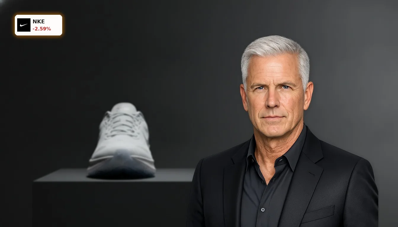 Moderner Nike Sneaker in minimalistischem Studio-Set, symbolisiert den Nike Abverkauf.