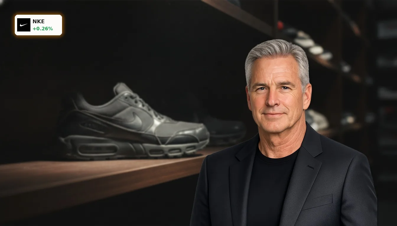 Ein einzelner, ikonischer Nike-Laufschuh auf einem dunklen Ladenregal, symbolisiert die Herausforderungen der Nike Quartalszahlen.