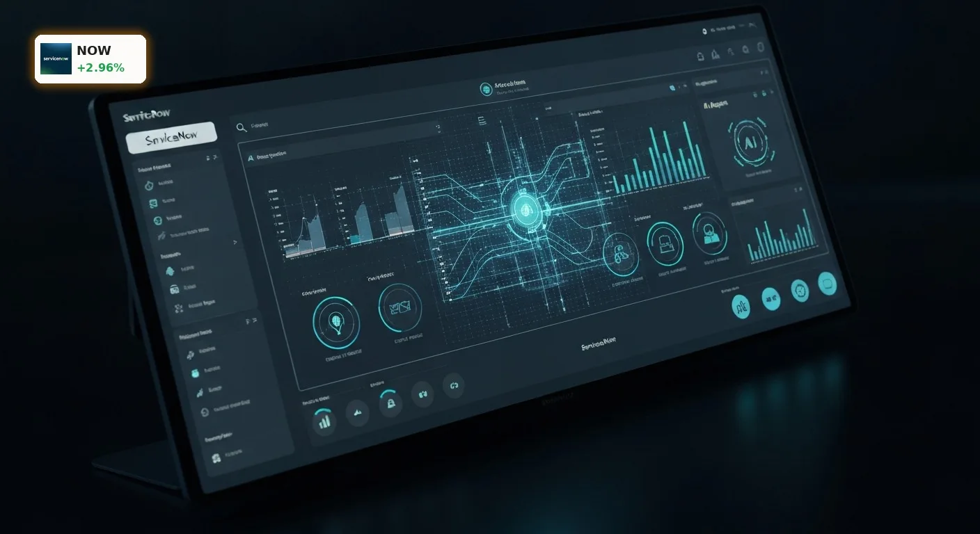 ServiceNow KI: +3% – Revolution oder droht Preisdruck? 3 Futuristisches digitales Dashboard mit komplexen Datenvisualisierungen und KI-Agenten, die die ServiceNow KI-Plattform symbolisieren.