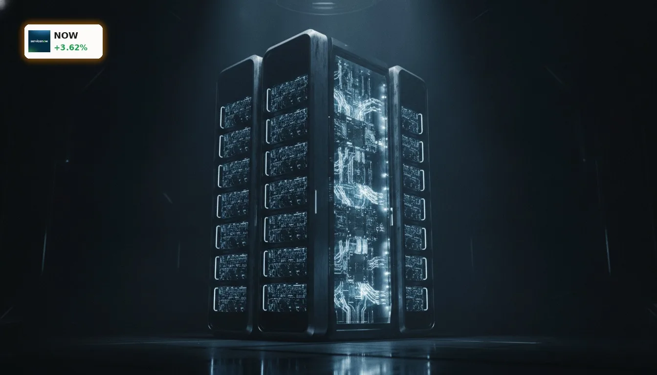 Futuristischer Server-Rack mit leuchtenden KI-Prozessoren, der die starken ServiceNow Quartalszahlen und KI-Strategie symbolisiert.
