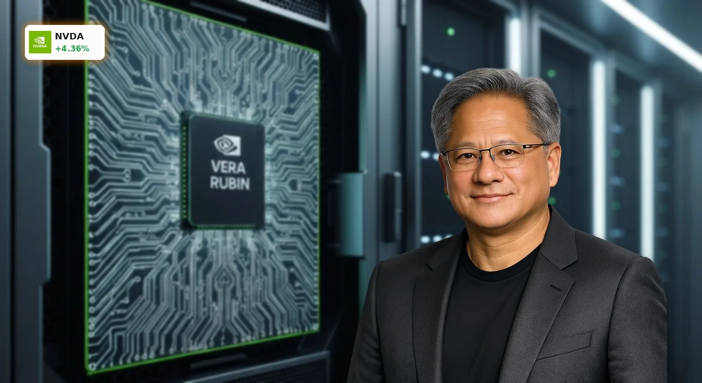 Nahaufnahme eines fortschrittlichen NVIDIA Vera Rubin KI-Chips in einem Serverrack, symbolisiert die NVIDIA SpaceX Partnerschaft.