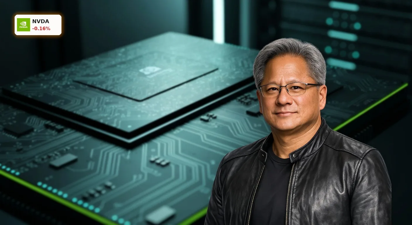 Detailaufnahme eines futuristischen NVIDIA KI-Prozessorchips, der den Kern der NVIDIA Quartalszahlen widerspiegelt.