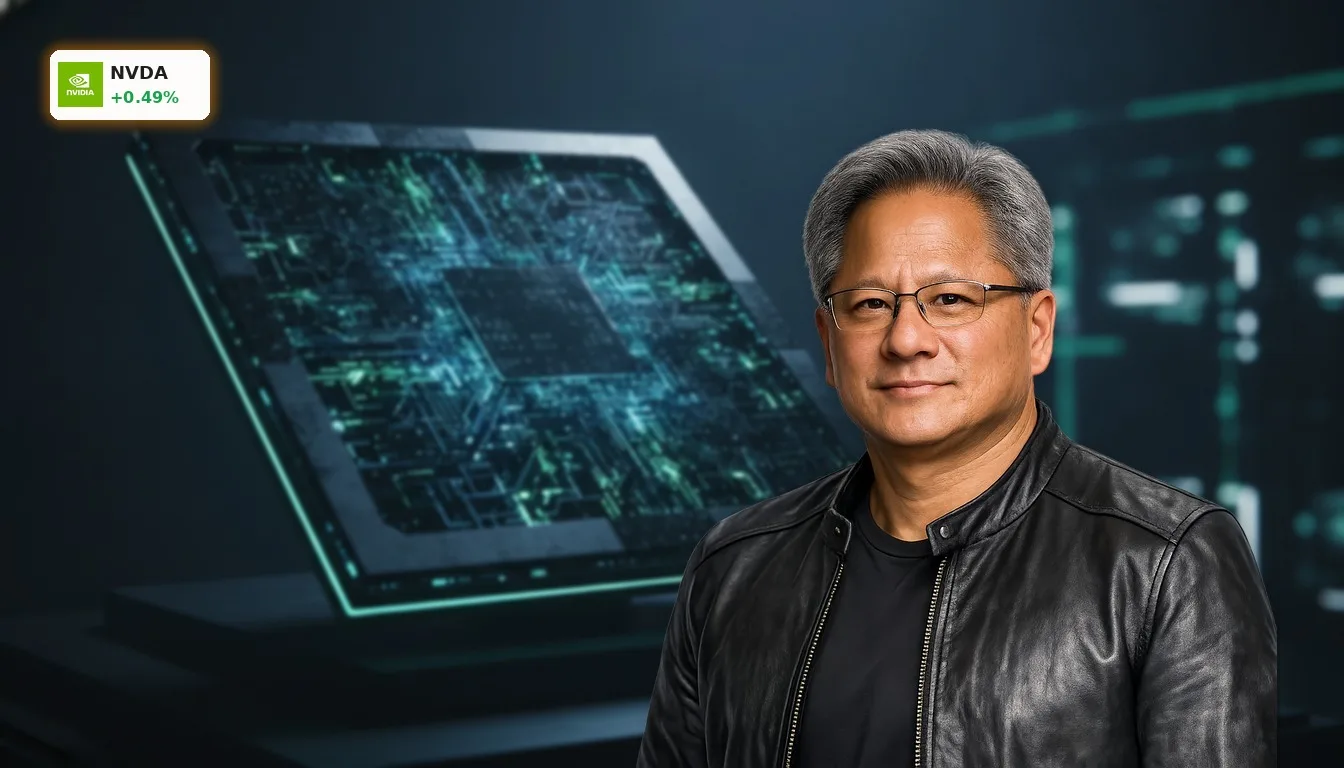 Detailaufnahme eines hochmodernen NVIDIA KI-Prozessors mit leuchtenden Schaltkreisen in einem dunklen, technologischen Umfeld.