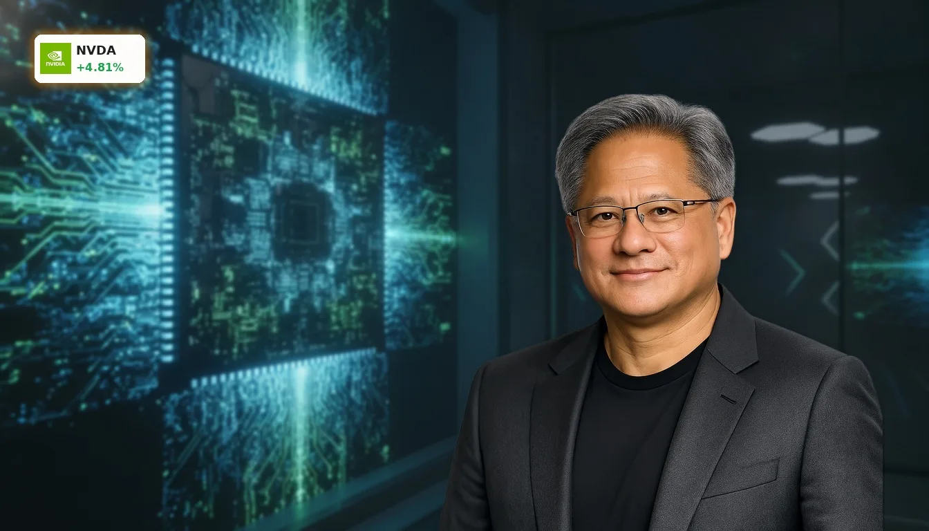 NVIDIA Quartalszahlen mit +4.8%: KI-Boom treibt Rekord-Umsatz und Aktie 4 Detailaufnahme eines futuristischen NVIDIA KI-Chips mit leuchtenden Schaltkreisen, symbolisch für die NVIDIA Quartalszahlen.
