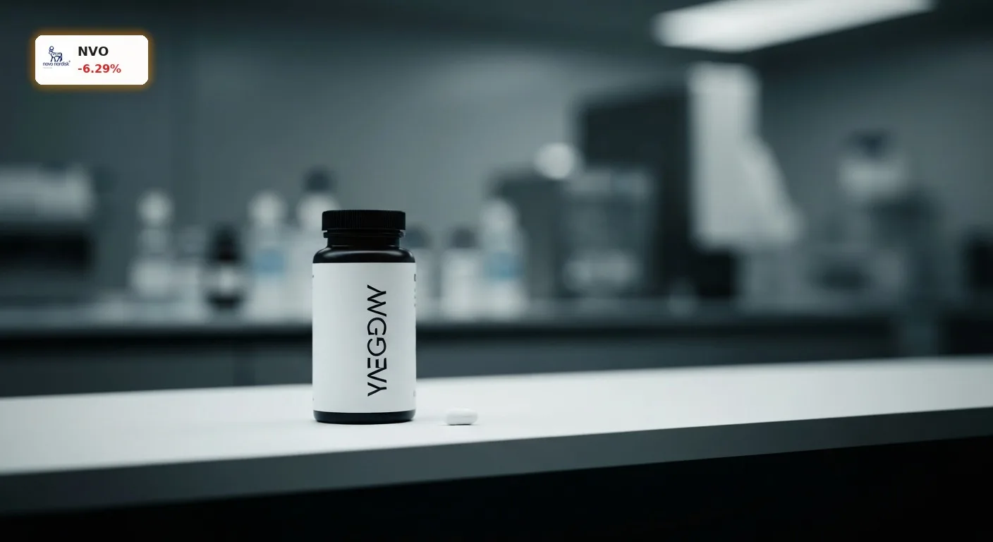 Eine Wegovy-Pillenflasche und eine einzelne Pille auf einer sauberen Oberfläche, symbolisierend Novo Nordisk Quartalszahlen und Medikamentenerfolg.