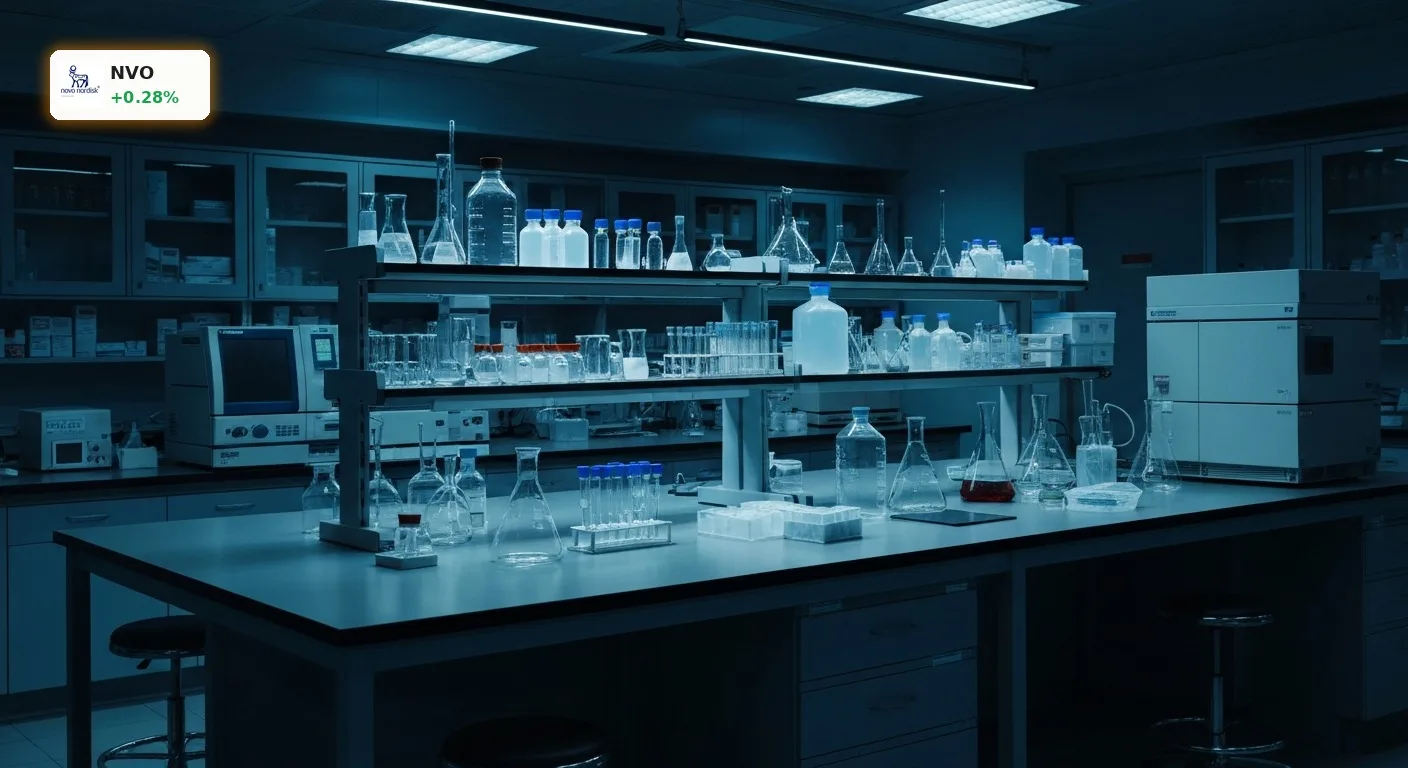 Novo Nordisk Quartal: Anleger schockiert trotz angehobener Prognose 4 Modernes pharmazeutisches Forschungslabor bei Nacht, symbolisiert die Herausforderungen im Novo Nordisk Quartal.