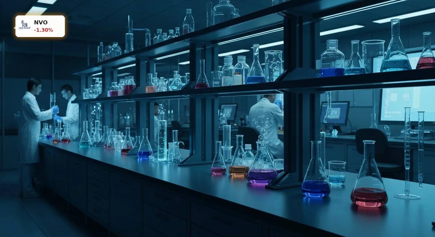 Novo Nordisk Wettbewerb: Preisdruck und neue Rivalen im GLP-1-Markt 3 Modernes Pharmalabor bei Dämmerung, Wissenschaftler forschen. Symbolisiert den Novo Nordisk Wettbewerb in der Medikamentenentwicklung.