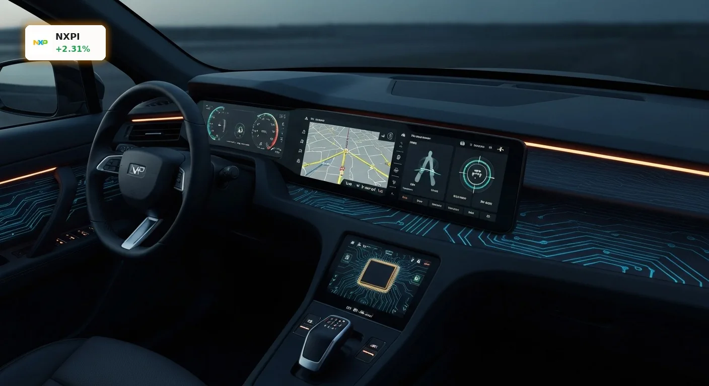 Futuristisches Auto-Cockpit mit integrierter Chip-Technologie für NXP Semiconductors Analyse und autonomes Fahren.