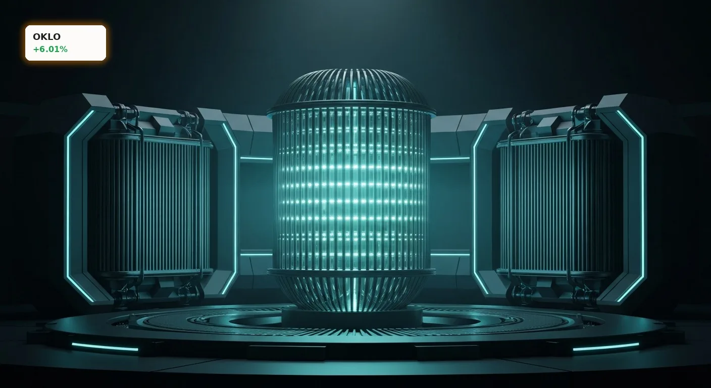 Futuristischer Kernreaktor von Oklo Inc. in einem Labor, leuchtend mit türkisfarbenem Licht nach Erreichen der Kritikalität im Oklo Quartal.