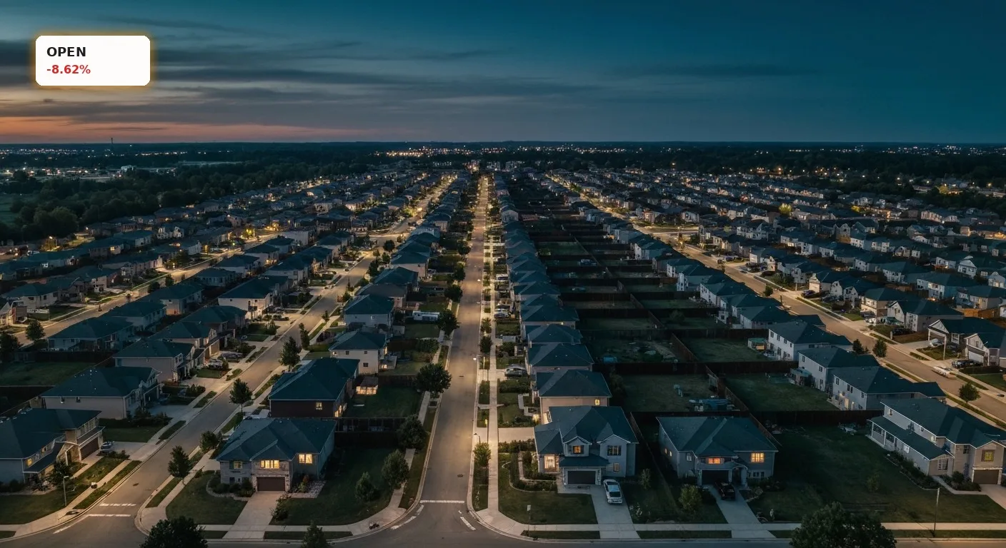 Moderne Wohnsiedlung bei Sonnenuntergang, symbolisiert den Immobilienmarkt nach dem Opendoor Technologies Quartal.