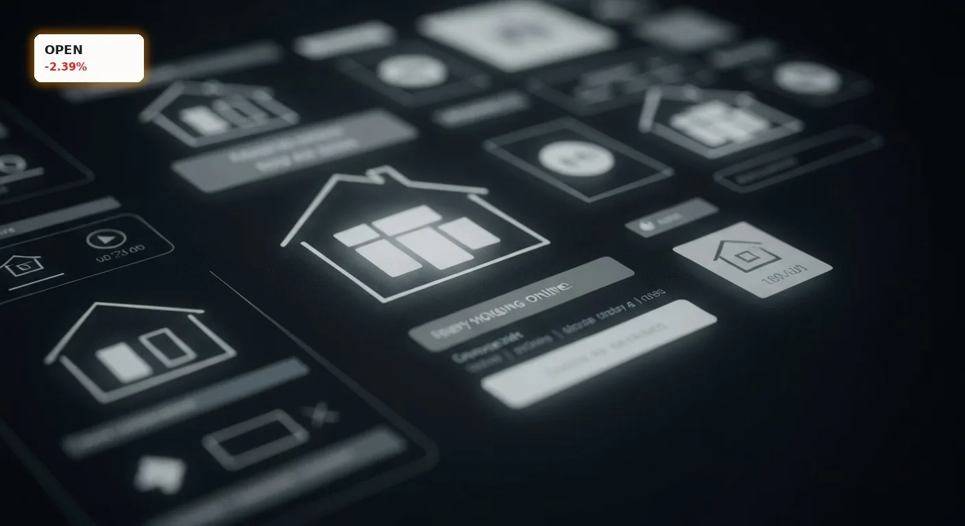 Opendoor Analyse: iBuying-Pionier -2.4% im Crash-Markt 3 Digitale Immobilienplattform mit stilisierten Häusern und Datenflüssen, symbolisiert die Opendoor Analyse des iBuying-Modells.