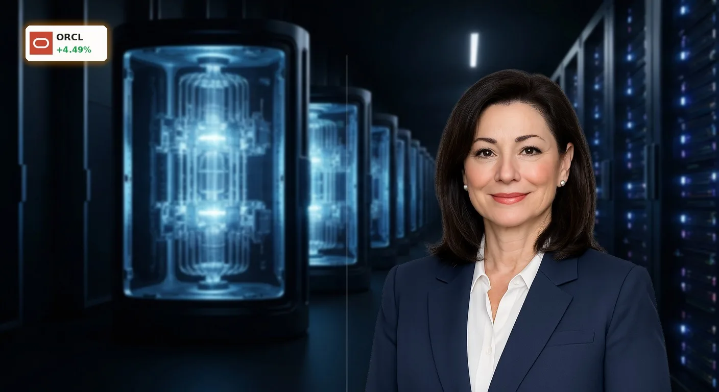 Oracle Quantinuum Partnerschaft: +4.5% Kursplus durch Quanten-Boost für OCI 3 Futuristischer Quantencomputer in einem Rechenzentrum, Symbol für die Oracle Quantinuum Partnerschaft und OCI-Integration.