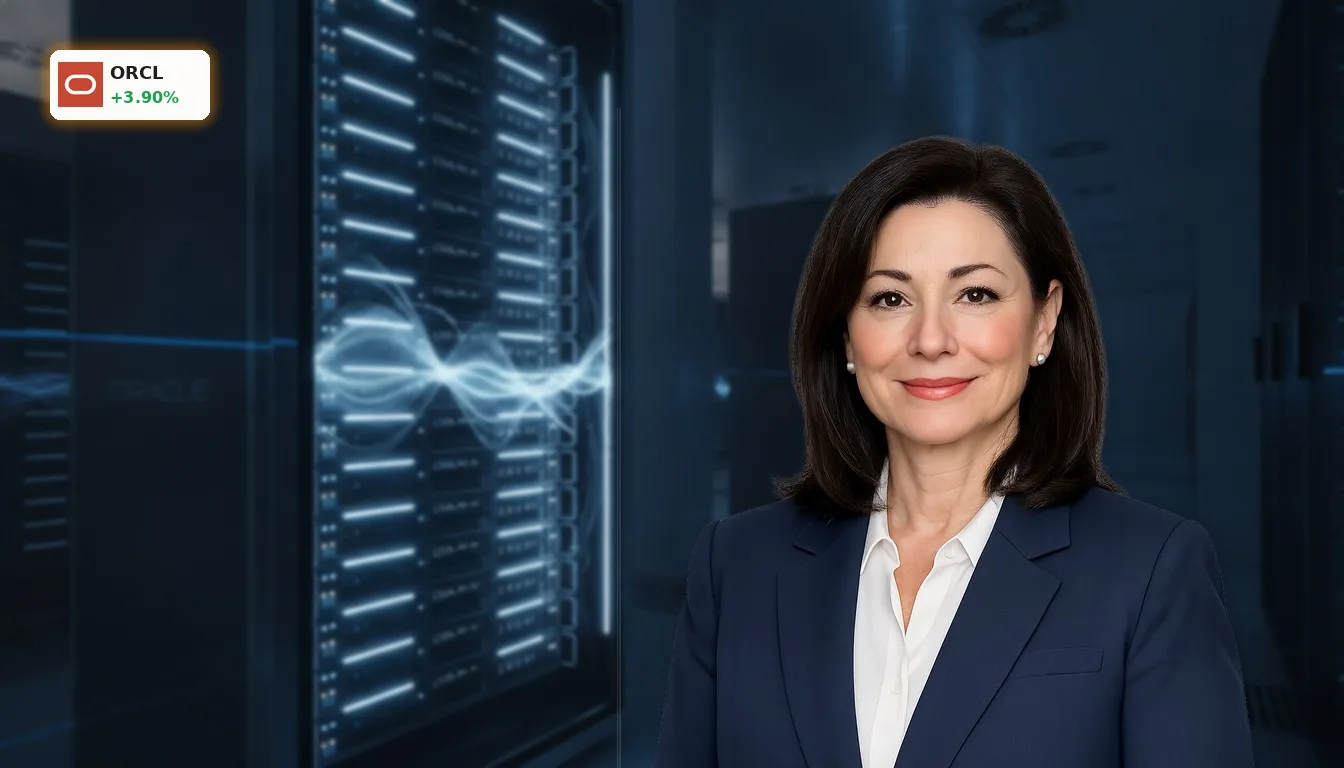 Oracle Analyse: +3.9% Chance trotz KI-Risiken und Schuldenlast? 3 Moderne Server-Racks mit blauen Lichtern in einem Rechenzentrum, symbolisierend Oracle Analyse und KI-Infrastruktur.