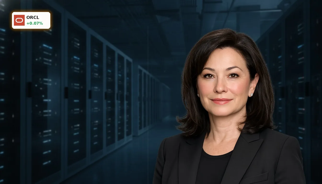Modernes Rechenzentrum mit leuchtenden Server-Racks, das Oracles massive AI-Investitionen und die Oracle Quartalszahlen symbolisiert.