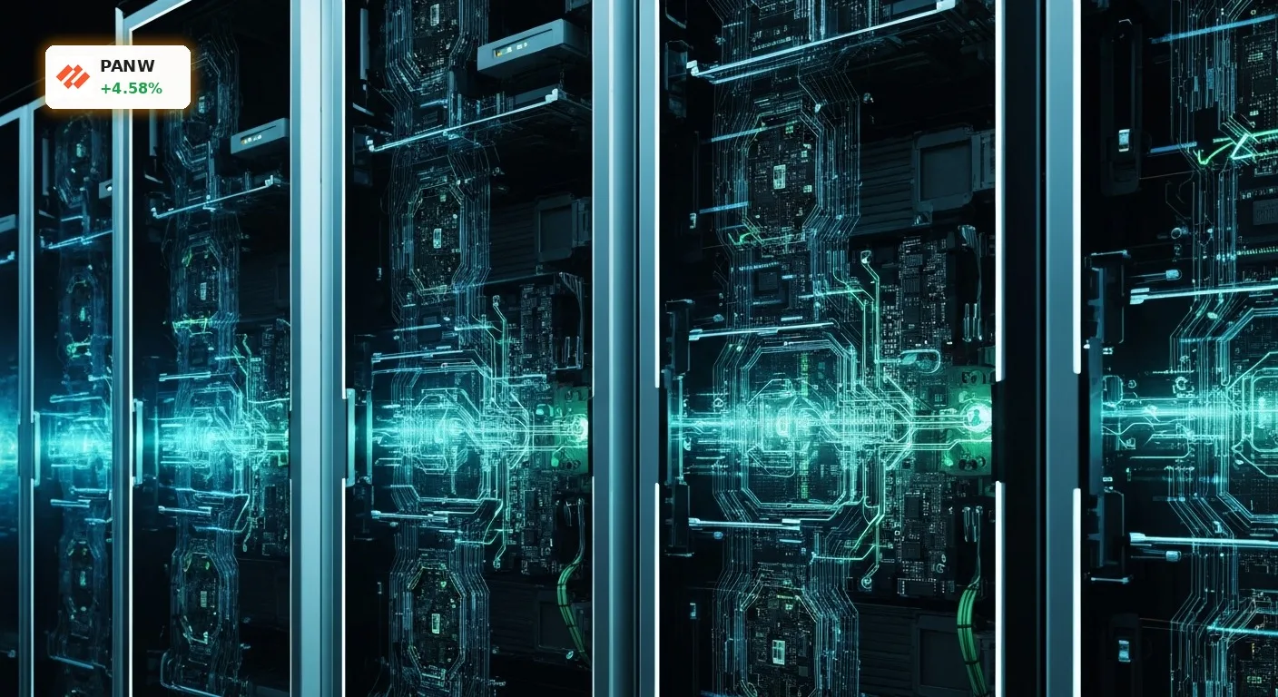 Palo Alto Networks Allzeithoch: +4.6% dank KI-Sicherheitsnachfrage 4 Futuristisches Serverrack mit blauen und grünen Lichtern, symbolisiert KI-Sicherheit und Palo Alto Networks Allzeithoch.