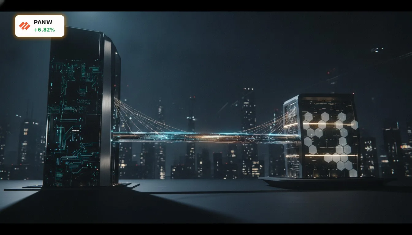 Zwei futuristische Gebäude, verbunden durch eine leuchtende Brücke, symbolisieren die Palo Alto Networks Akquisition.