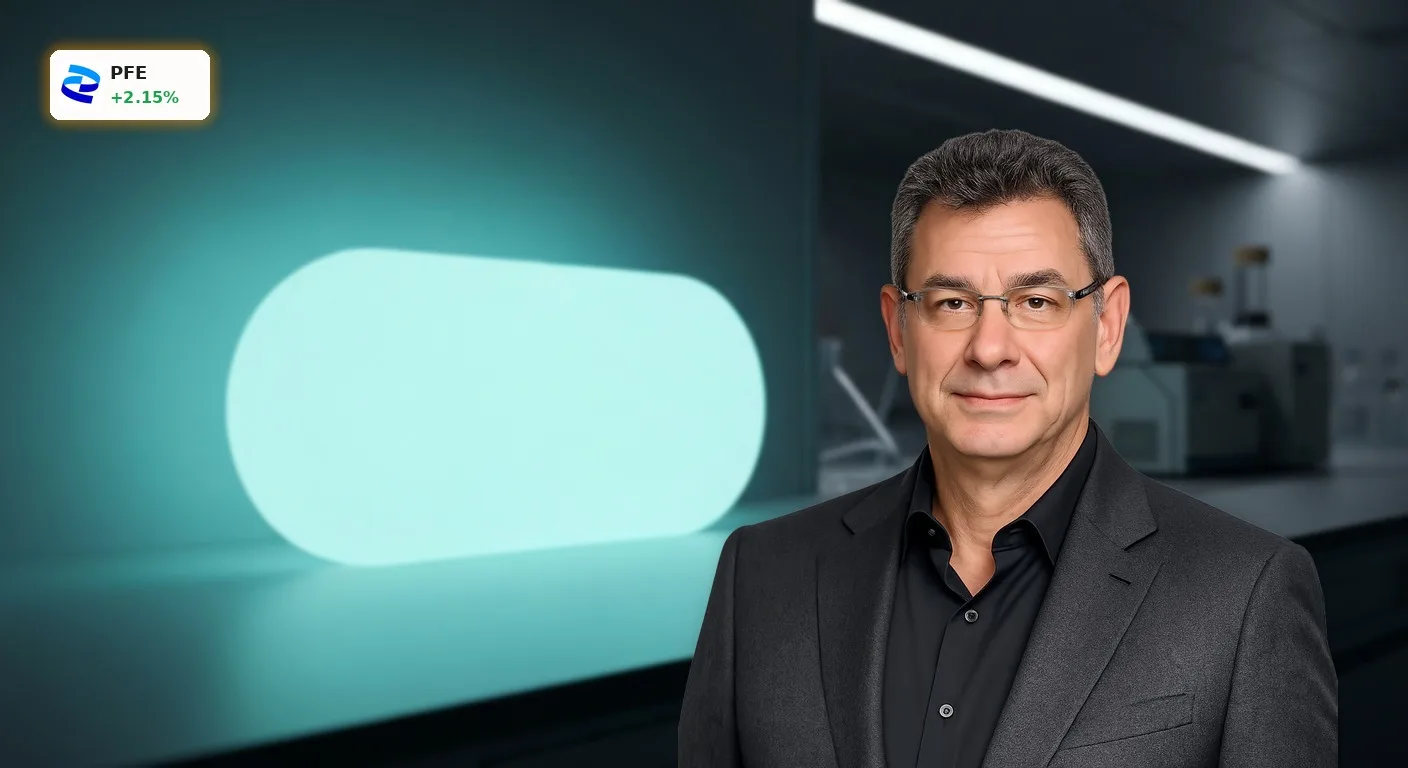 Nahaufnahme einer futuristischen, leuchtenden Tablette, die Pfizer Berobenatide symbolisiert, auf einer Laborbank.