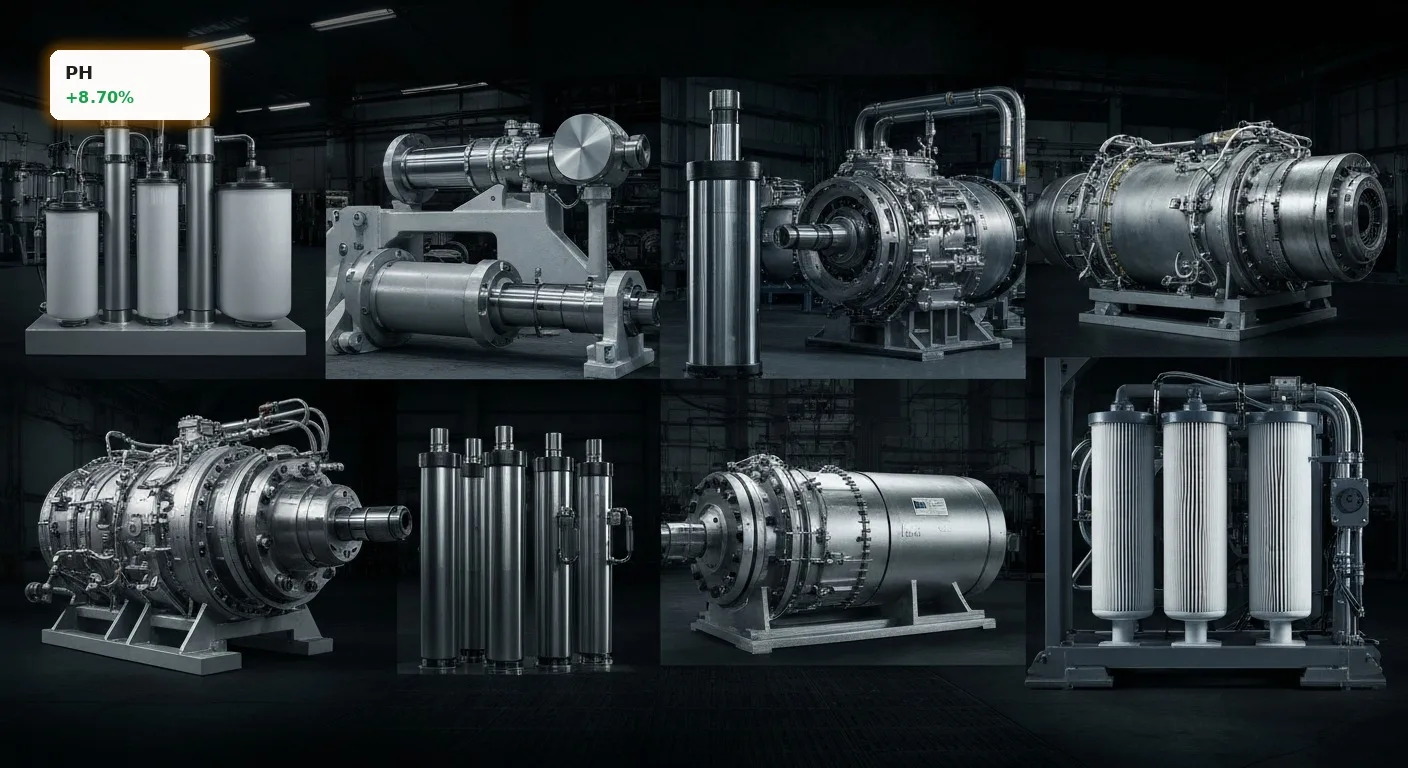Parker Hannifin Quartal: Rekordzahlen und starker Ausblick treiben Aktie 5 Verschiedene industrielle Komponenten und Maschinen von Parker Hannifin, die das starke Parker Hannifin Quartal symbolisieren.