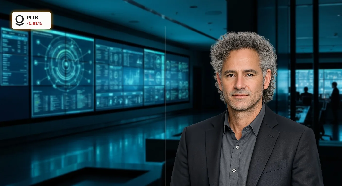 Kontrollraum mit komplexen Datenvisualisierungen der Künstlichen Intelligenz Plattform (AIP) von Palantir Technologies, Quartalszahlen.