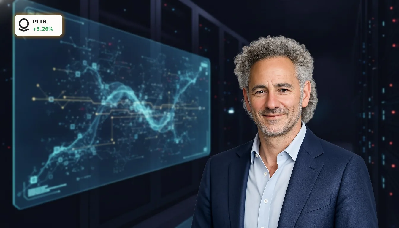 Holographische Darstellung der Palantir KI-Plattform mit vernetzten Datenknoten und Algorithmen in einem Serverraum.