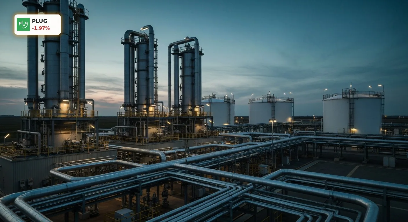 Industrielle Wasserstoffproduktionsanlage bei Sonnenuntergang, symbolisiert die Herausforderungen von Plug Power Quartal.