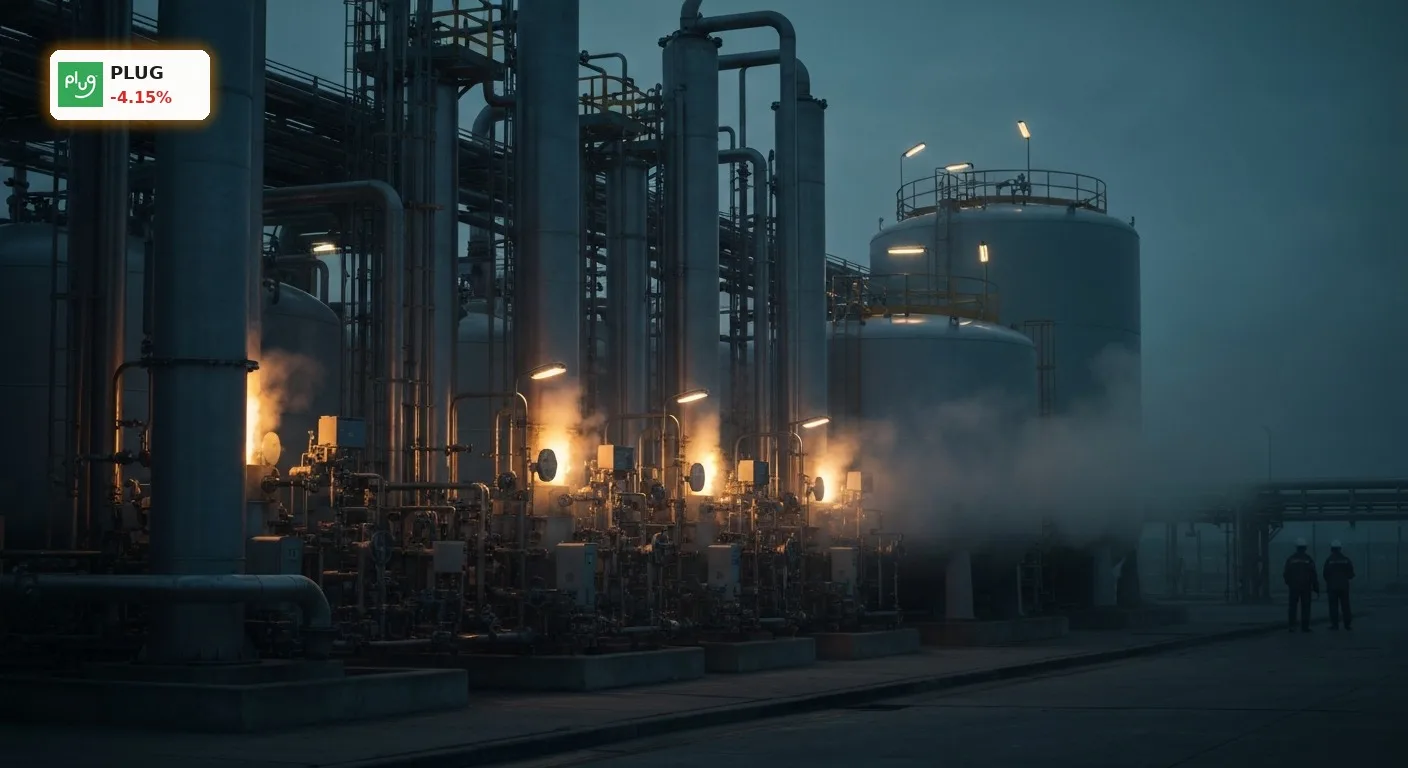 Moderne Wasserstoffproduktionsanlage bei Sonnenuntergang, symbolisiert Plug Power Quartalszahlen und Wachstum.