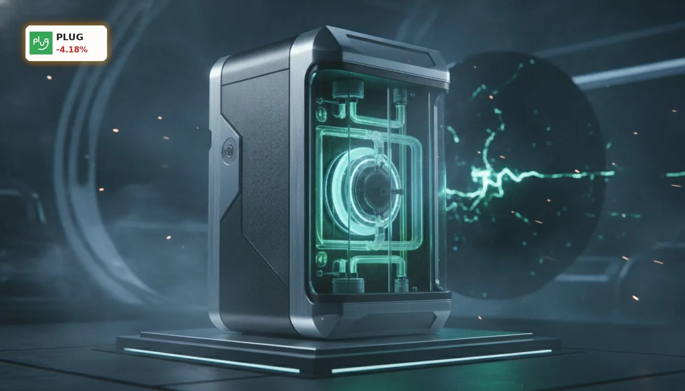 Nahaufnahme einer futuristischen Wasserstoff-Brennstoffzelle, die die Kerntechnologie der Plug Power Analyse symbolisiert.