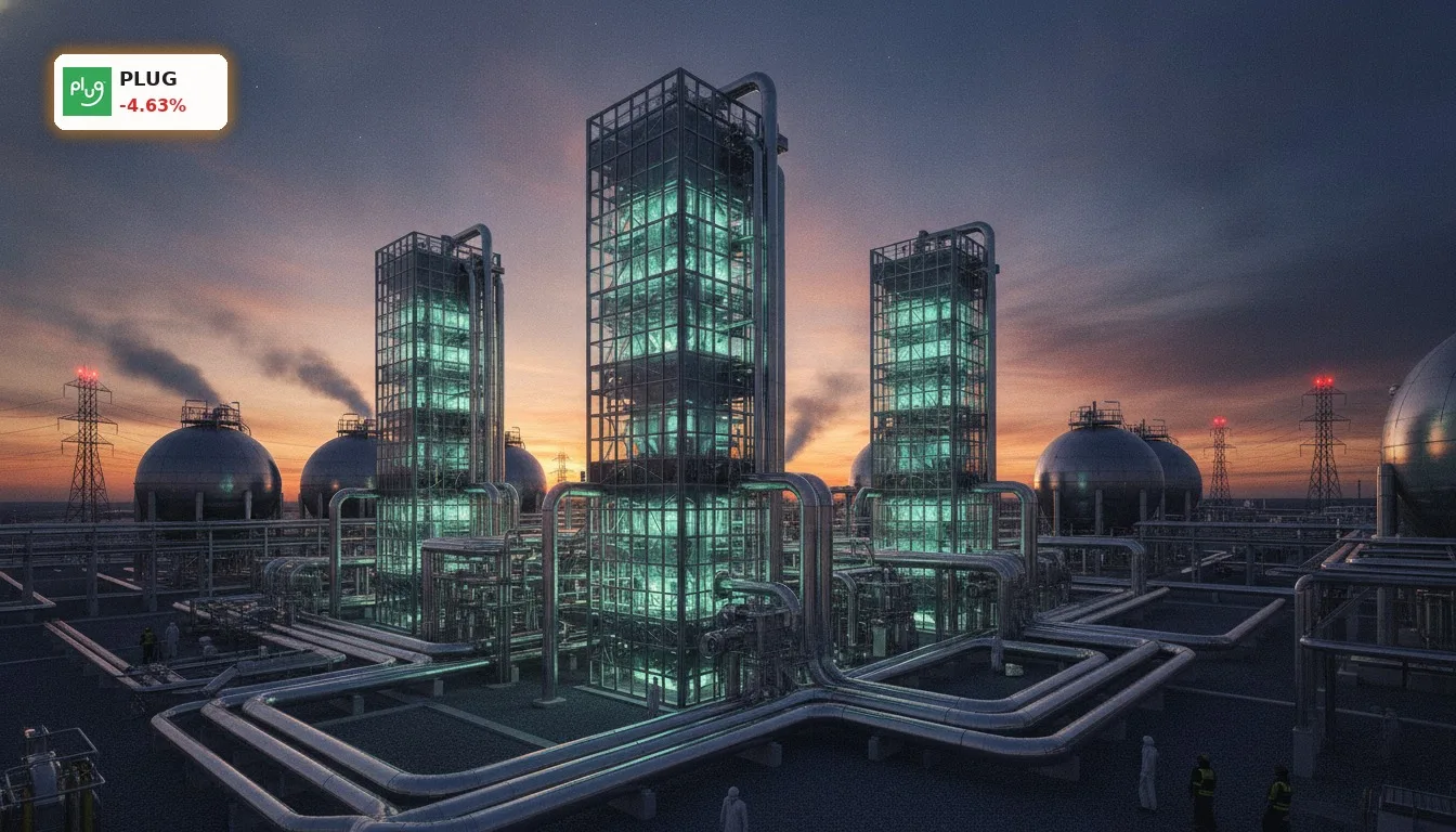 Plug Power Finanzierung: -4.6% Crash nach DOE-Garantie-Wegfall 3 Moderne Wasserstoffproduktionsanlage mit Elektrolyseuren bei Sonnenuntergang, symbolisch für die Plug Power Finanzierung.