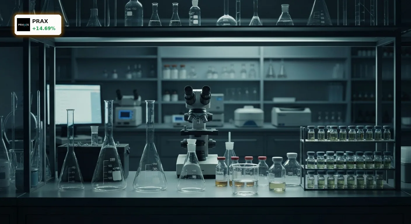 Modernes pharmazeutisches Forschungslabor mit wissenschaftlichen Instrumenten und Reagenzgläsern, symbolisiert Fortschritte bei Praxis Precision Medicines Quartalszahlen.